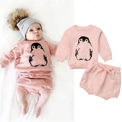 Комплект из 2 предметов, свитер с пингвином для шт. новорожденных мальчиков и девочек, футболка + штаны, одежда, хит продаж, новый розовый топ