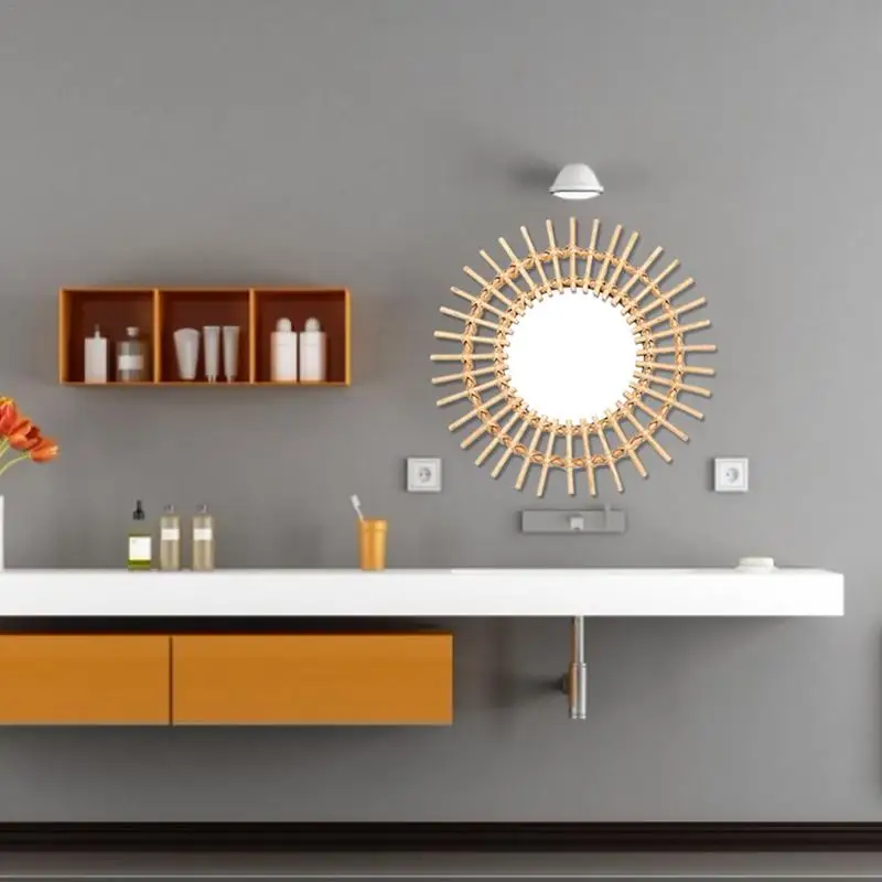 Espejo colgante de pared de baño con espejo de maquillaje redondo decorativo de ratán innovador Espejo colgante de pared de baño con espejo de maquillaje redondo decorativo de ratán innovador