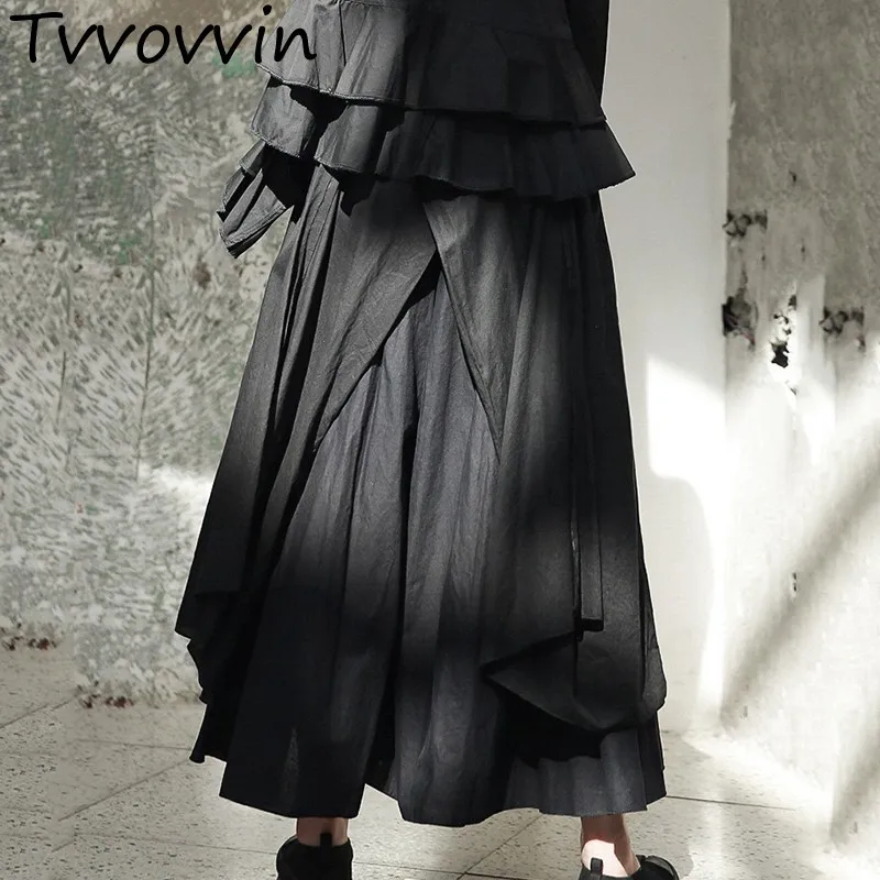 

TVVOVVIN High Quality 2019 Spring Black Personality Multi-layered Split Asymmetrical Long Skirt New Women's E700
