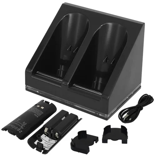 OSTENT Black Charger Dock Station + 2 Battery Packs for Nintendo Wii