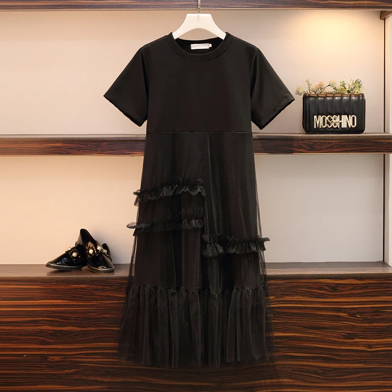 

L-5XL Plus Size Women Mesh Dress Summer 2019 Short Sleeve T shirt Patchwork Mesh Ruffle Loose Casual A-Line Dresses Black