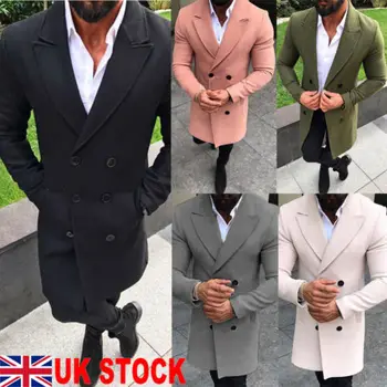 

Men Wool Coat Winter Trench lapel Outwear Warm Overcoat Long Jacket Peacoat