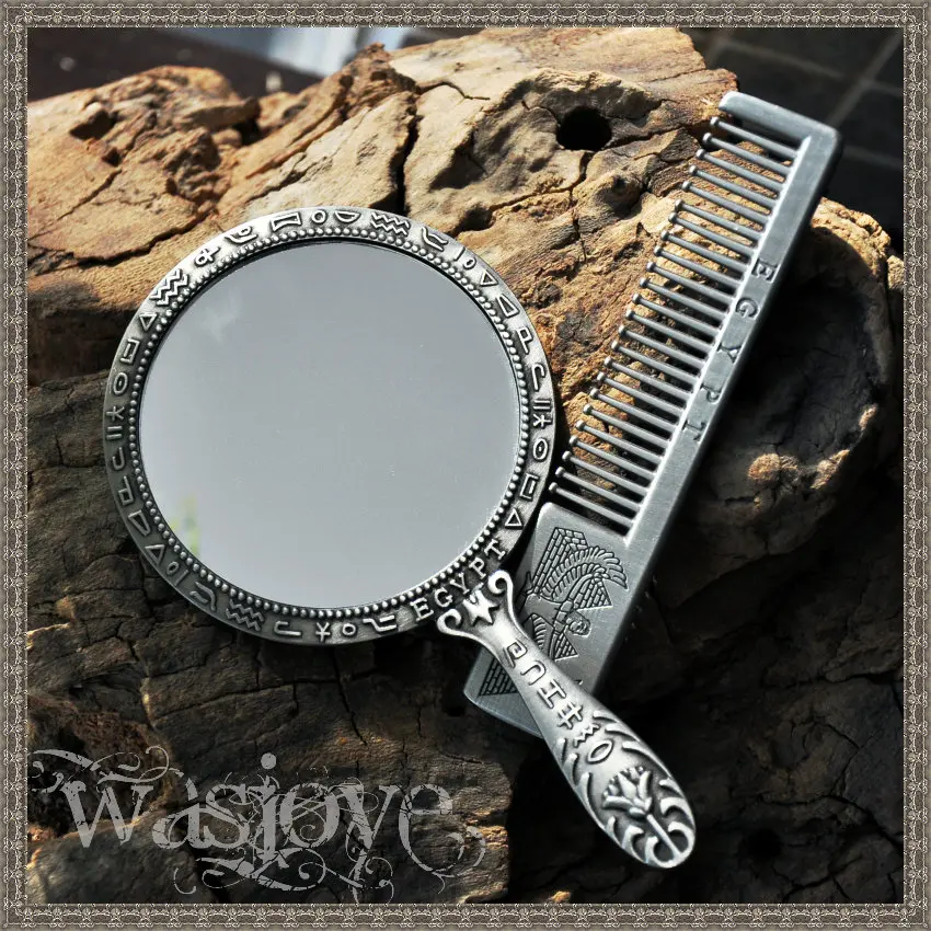 

Egyptian-style retro portable small mirror handle mirror makeup dressing mirror with comb set for travel lover's birthday gift