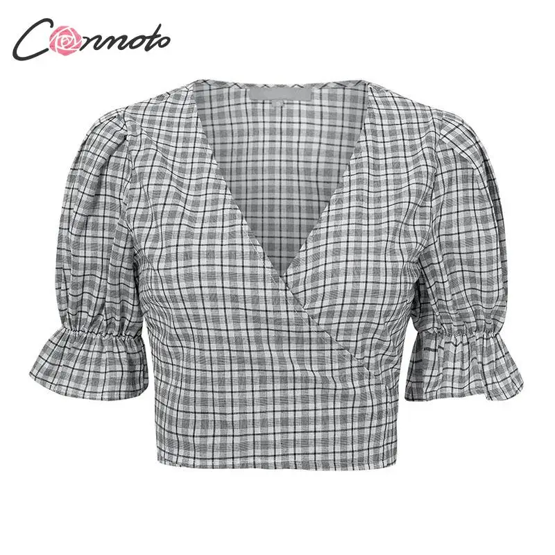 Conmoto Модные клетчатые топы и блузки сексуальная блузка с короткими рукавами