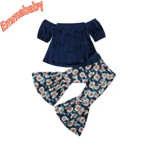 

2019 Toddler Kid Baby Girl Off Shoulder Velvet Tops T-Shirts Floral Bell-Bottom Pants Hot