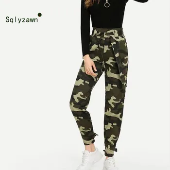 

Women Workout Casual Military Camouflage Belt Cargo Pants Cotton Overalls Ladies Straight Multi-pocket Trousers Pantalon Femme