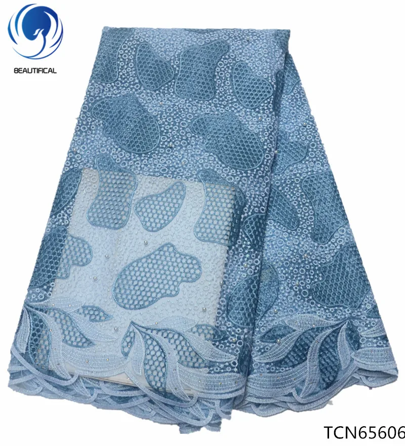 

BEAUTIFICAL blue lace fabric free shipping african french lace fabric blue african lace fabric wedding dress with beads TCN656