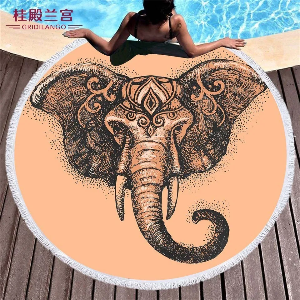 

GRIDILANGO Bohemia Colorful Elephant Round Beach Towel For Adult Quickly Absorbtable Swimming Travel Outdoor Yoga Mat Bath Towel