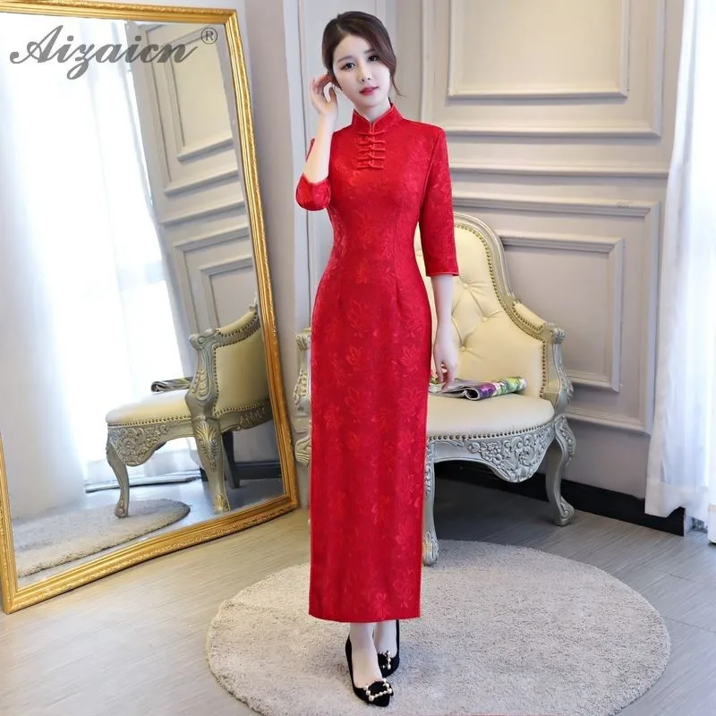 Новинка весны кружево Длинные Cheongsam современный красный невесты платья для женщин Qi Pao для традиционное китайское свадебное платье тонкий