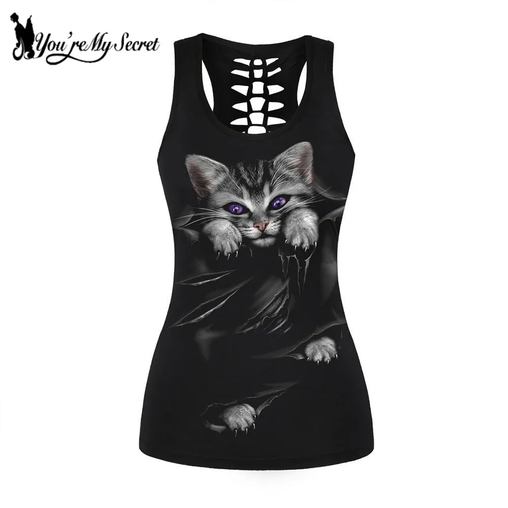 

[You're My Secret] Fashion Gothic Women Vest Shirt Black Cat Round Neck Hollow Sleeveless Tank Tops Plus Size Streetwear Top