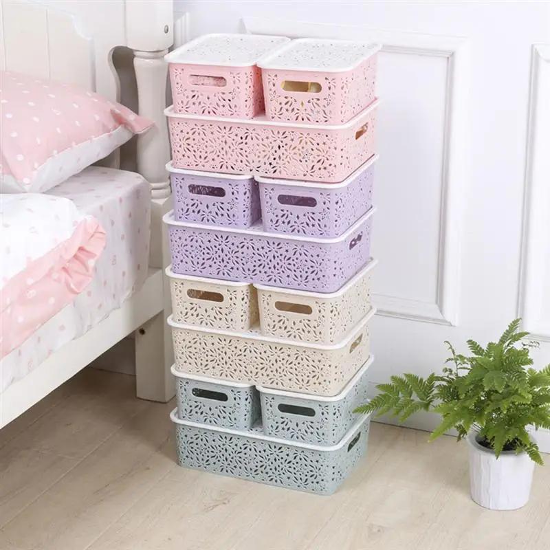 

OUNONA Stackable Plastic Storage Box Hollow Out Delicate Retro Pattern Storage Basket with Lid for Clothes Cosmetics Papers Toys