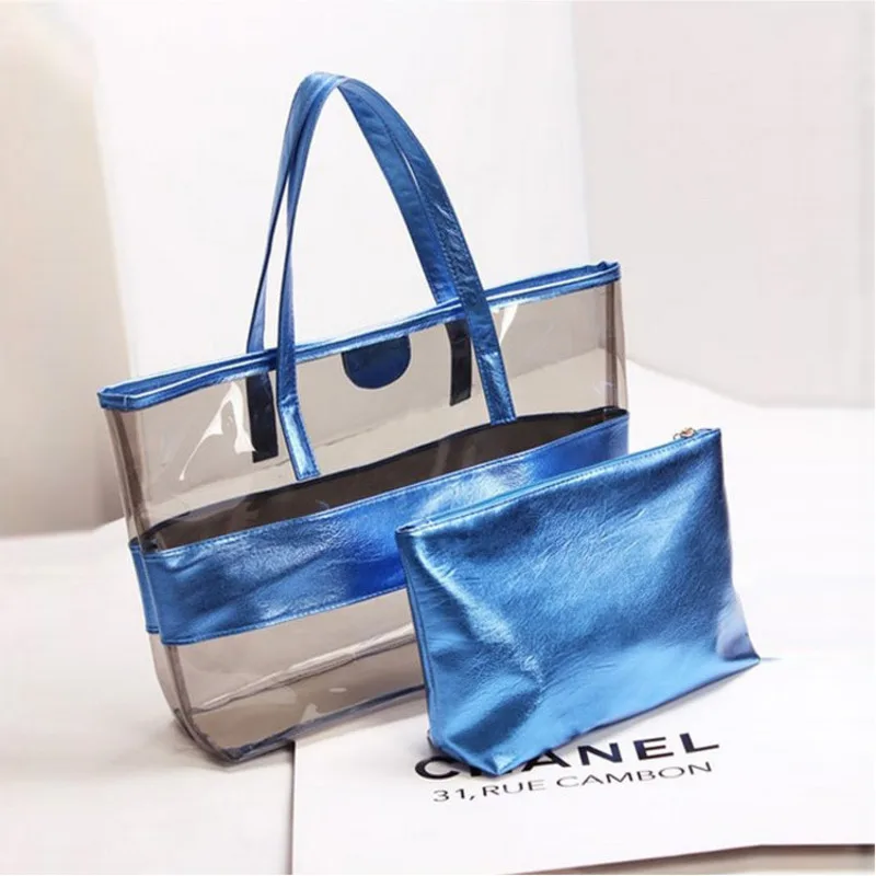 

2019 New Summer Women Fashion Pu Patchwork Shoulder Bags Woman Pvc Transparent Handbags Female Open Pocket Beach Bag OC105