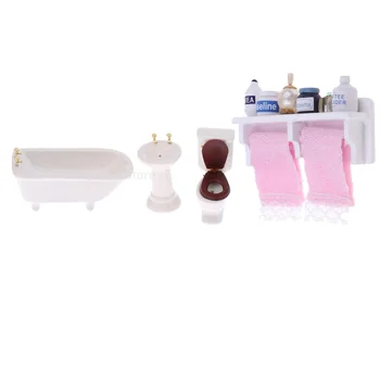 

1/12 Dollhouse Bathtub & Bath Supplies Sets for Bathroom Doll Bathing Pretend Play Set Toys For Kids Children Pretend Toy