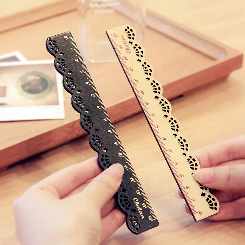 

1PCS New Cute 16CM Korea Zakka Kawaii Stationery Lace Brown Wood Ruler Sewing Ruler Office School Promotional Stationery