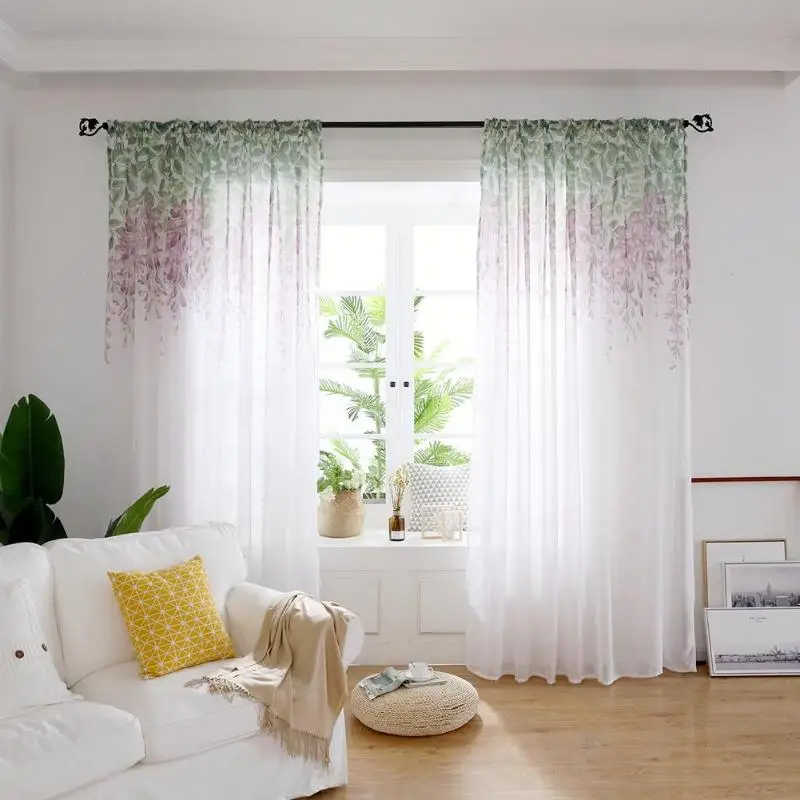 

1pc Purple Flowers Leaves Print Sheer Voile Tulle Drapes for Living Room Bedroom Windows Curtains Home Decoration
