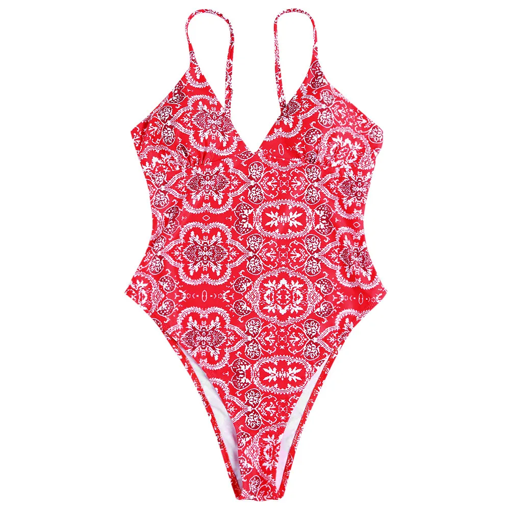 Spaghetti Strap Backless Padded Print Women Swimsuit One-Piece Suits | Спорт и развлечения