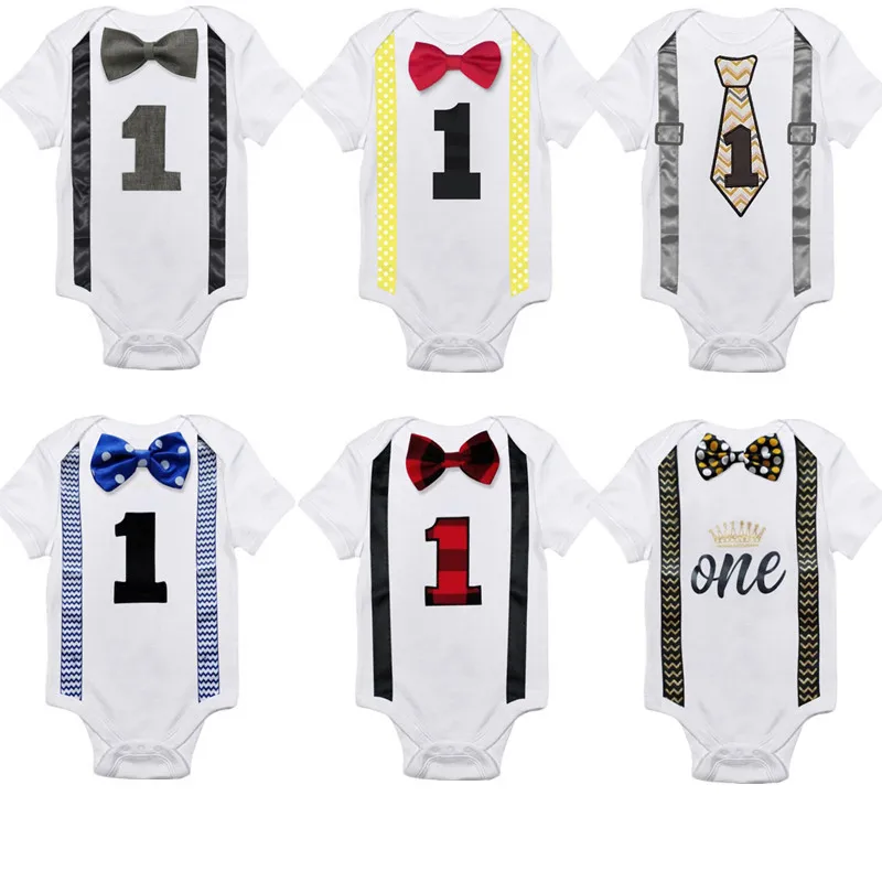 

Newborn Baby Boy Gentleman Bowknot Short Sleeve 1 birthday Bodysuit Jumpsuit Outfits Clothes 0-1Y