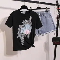 Случайная 2019 2 шт. женская летняя вышивка 3D цветок с короткими рукавами футболка + тяжелая работа короткое отверстие джинсовый короткий