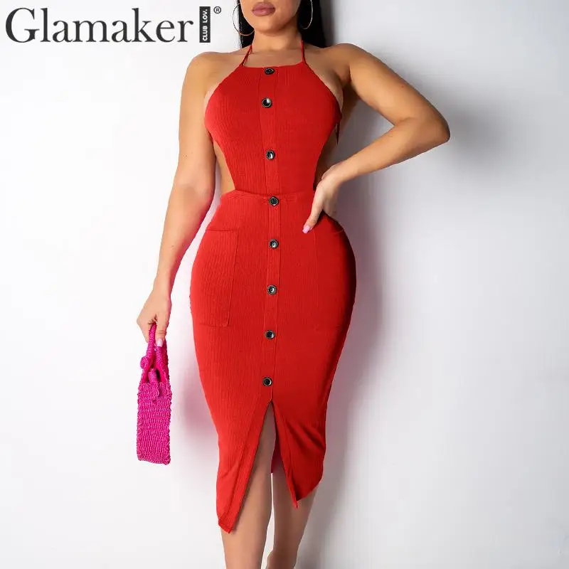 

Glamaker Halter tube backless sexy red dress Button split summer women midi dress Retro sexy party club knitted dress de fiesta