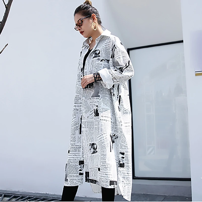  [EAM] 2020new Autumn Winter Lapel Long Sleeve White Printed Loose Irregular Big Size Long Shirt Wom