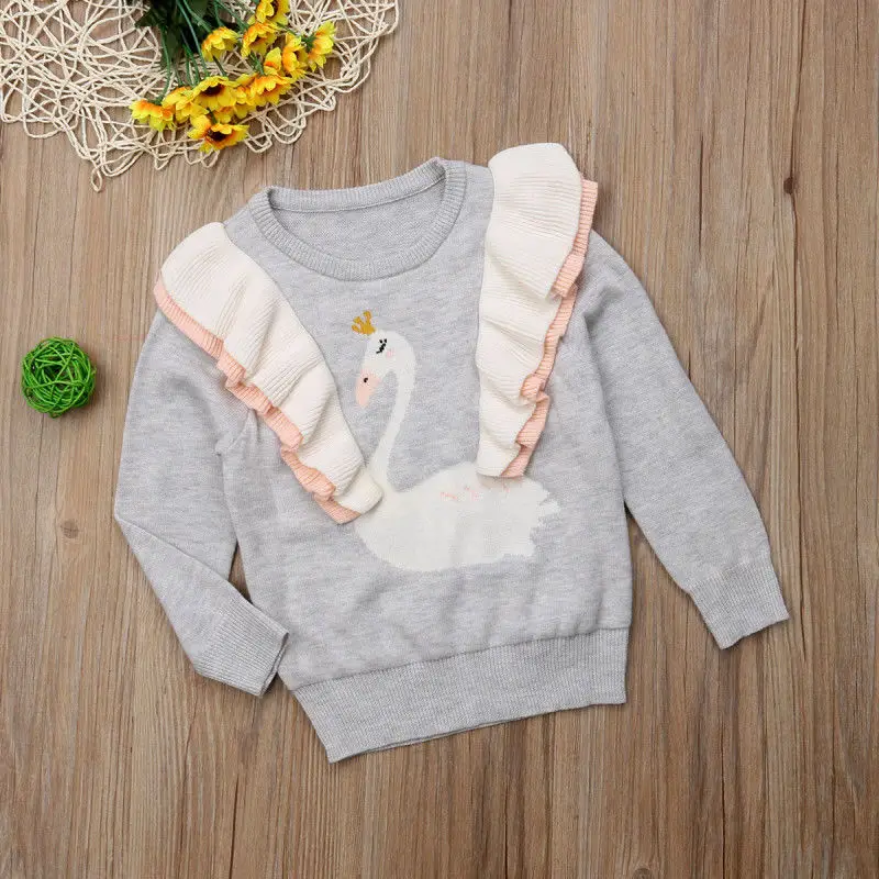 

Pudcoco New Girl T-shirt US Toddler Kids Baby Girl Cute Knitted Tops Ruffle Cartoon Swan Long Sleeve Sweater