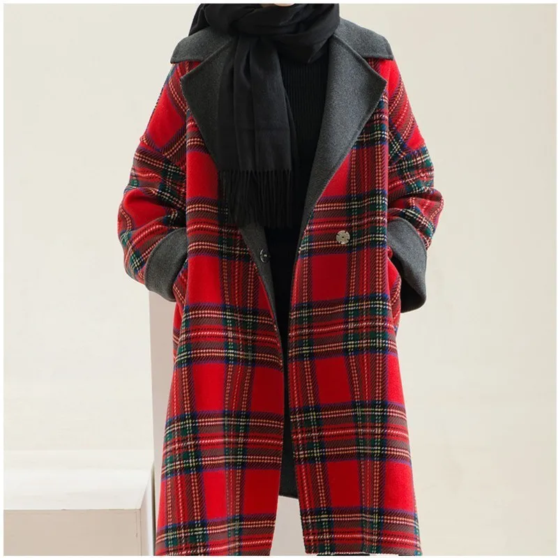 [EAM] 2019 New Autumn Winter Lapel Long Sleeve Red Plaid Stitching Thicken Large Size Woolen Coat Women Parkas Fashion LD0180