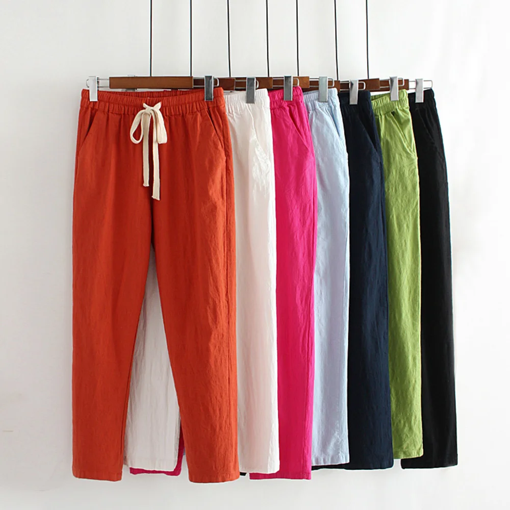 

Women Spring Summer Loose Harem Pants Elastic Waist Drawstring Cotton Linen Casual Trousers Pantalon Femme Plus Size 4XL