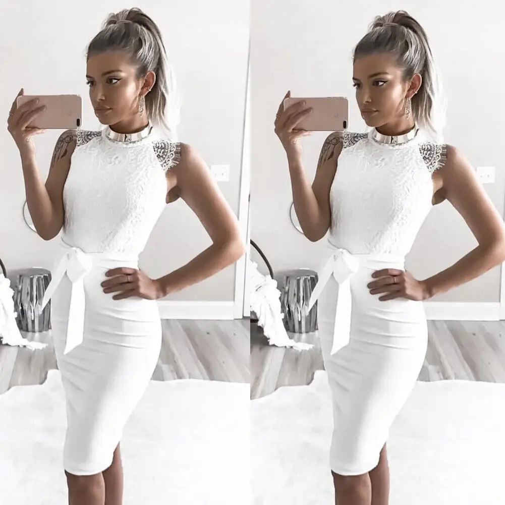 

2019 New Style Fashion Women Sexy Summer Floral Party Sashes Solid Turtleneck Sheath Club Knee Length Dress