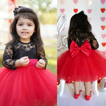 

6M-5Y Christmas Kid Baby Dress For Girl Long Sleeve Lace Tutu Party Wedding Formal Red Dresses Princess Tulle Dress Girl Clothes