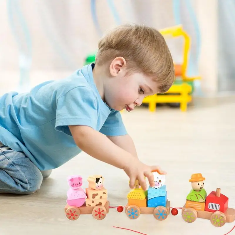 Children Wooden Farm Animals 3 Section Small Train Modle Children Gift Toddler Creativity Educational Toys For Children