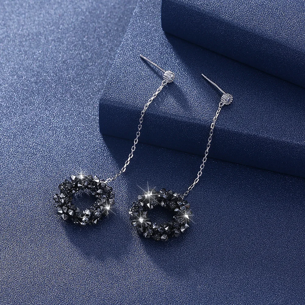 

Full crystal stone circle pendant drop earrings wholesale pure 925 Sterling Silver long simple earrings TOP Quality Jewelry