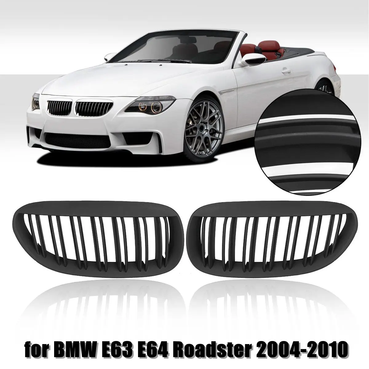

For BMW E63 E64 Roadster 6 Series Convertible 2004-2010 1 Pair Matte Black Double Slat Front Bumper Grille Kidney Grille