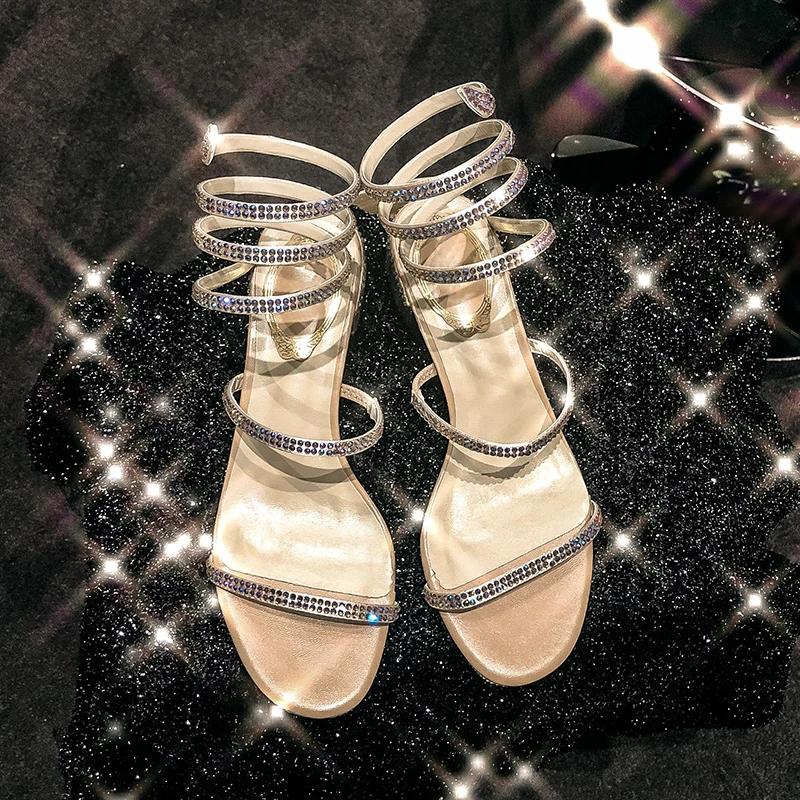 

Women Rome Sandals Gladiator Party Gold Sexy Middle Square Heel Hollow Out Crystal Bling Fashion Ladies Shoes