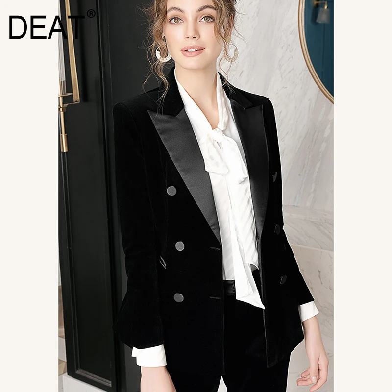 

[DEAT] 2019 New Autumn Winter Lapel Long Sleeve black velvet double breasted loose formal Jacket Women Coat Fashion Tide JR41