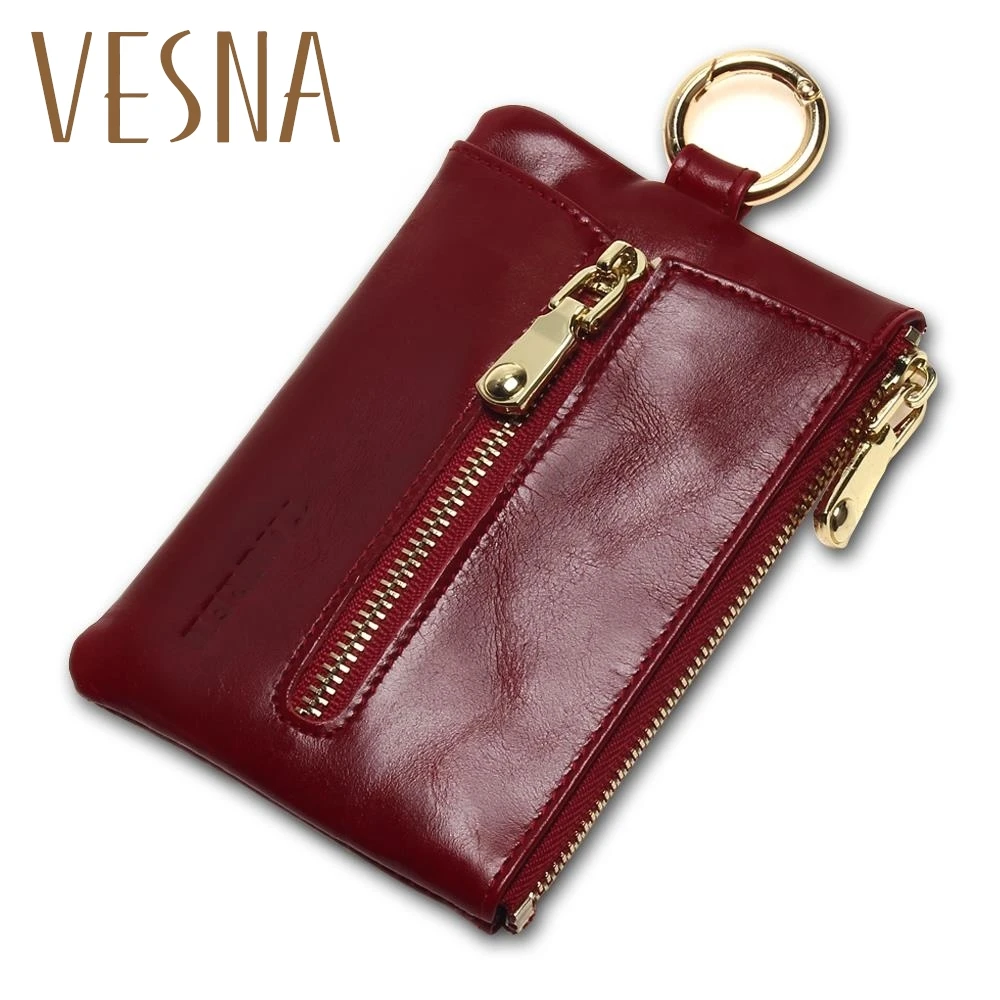 

Vesna TAUREN Women Genuine Leather Oil Wax Zip Wallet Coin Key Holder Case Bag Fashion Key Chain Holder Charms High Quality