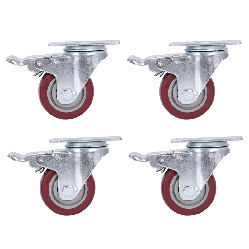 

4 Pack Caster Wheels Swivel Plate with Brake On Red Polyurethane Wheels (3 inch with brake)