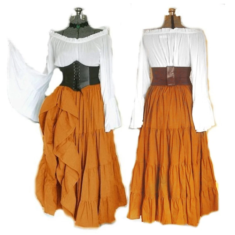 

Women Off Shoulder Long Sleeve Dress Retro Renaissance Medieval Cosplay Clothes
