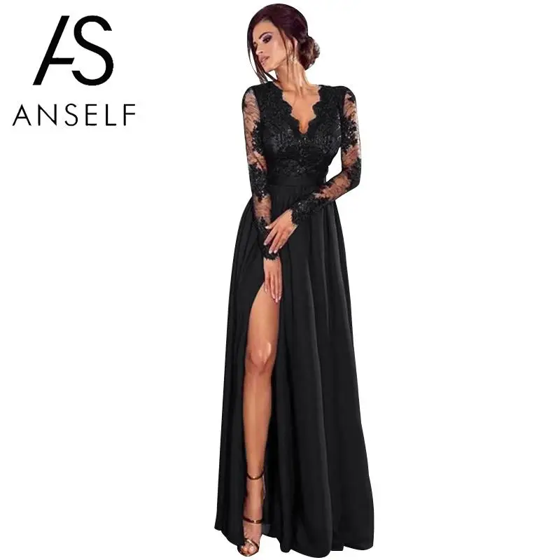 Sexy Women Lace Maxi Dress Deep V Neck Long Sleeve Black Party Dresses 