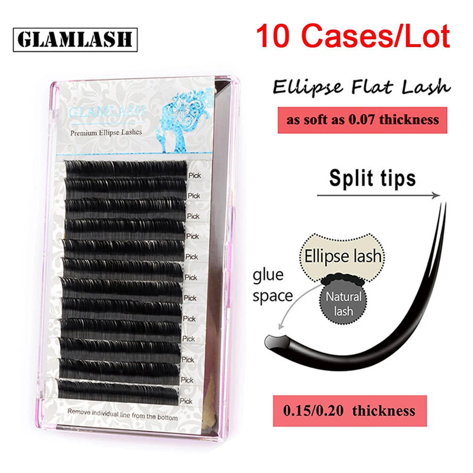 

GLAMLASH 10 cases wholesale Flat Ellipse Eyelashes Extensions split tips natural light fake false lashes CD Curl cilios