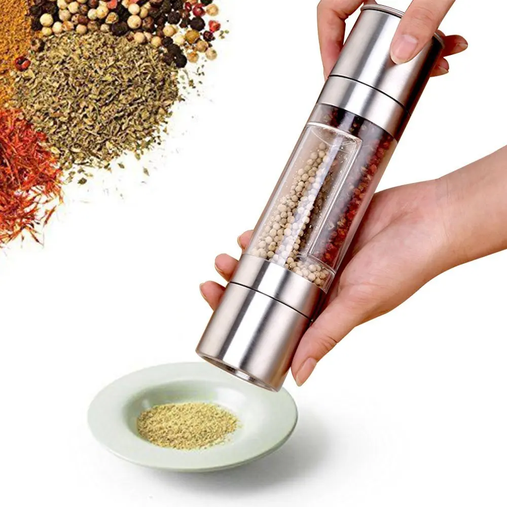 

Manual Stainless Steel 2 in 1 Salt and Pepper Grinder Dual Hand Spice Mill with Ceramic Core Kitchen Gadget Tool