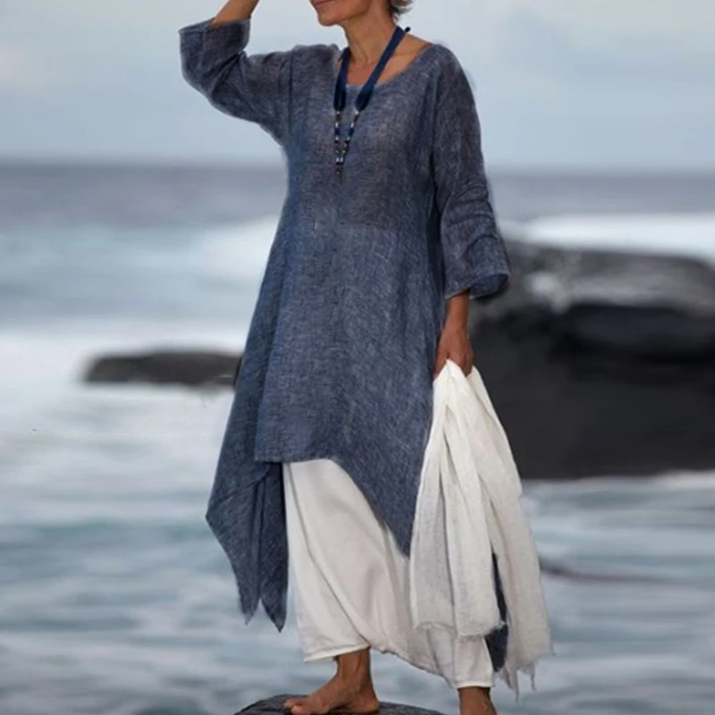 

Plus Size Women summer dress Solid Color Large Swing Loose Long Sleeve Irregular Maxi Dress