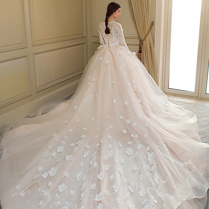 

Mingli Tengda Round Neck Long Sleeve Bride Wedding Dresses Full Lace Wedding Gowns Muslim with Sash Flowers Vestido De Noiva New