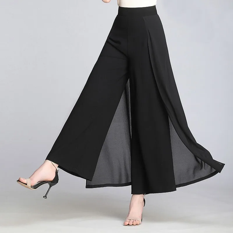 

Elegant High Waist Pants Women Split Wide Leg Long Pants Loose Casual Chiffon Trousers Female Pants Pantalon Femme