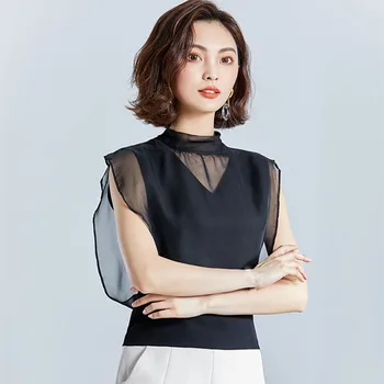 

2019 Summer Short Sleeve Stand Collar Black Blouses Women Elegant Chiffon Shirts