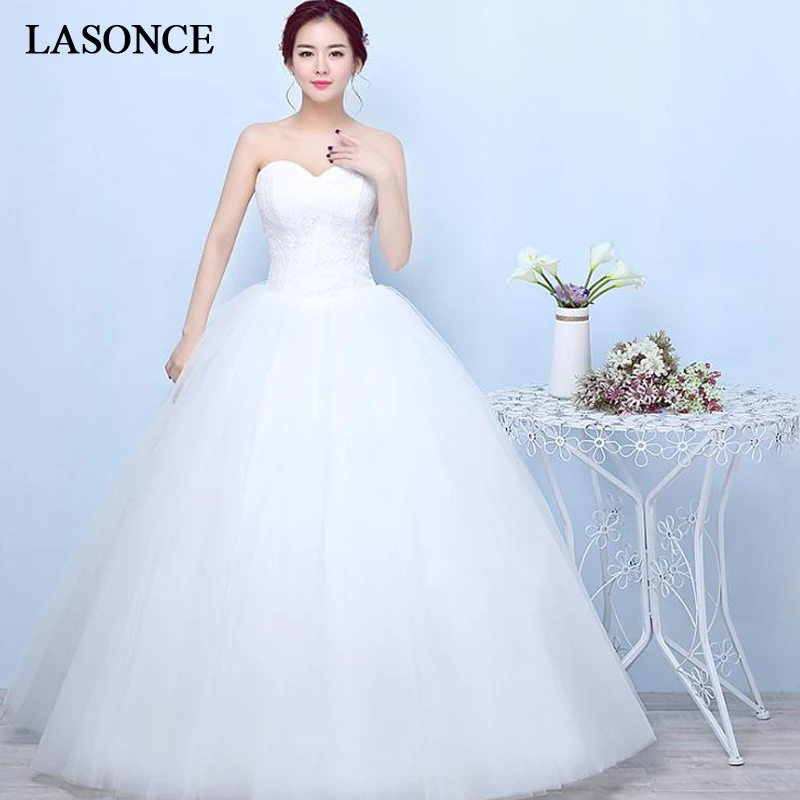 

LASONCE Strapless Lace Embroidery Ball Gown Wedding Dresses Off The Shoulder Lace Up Backless Tulle Bridal Gowns