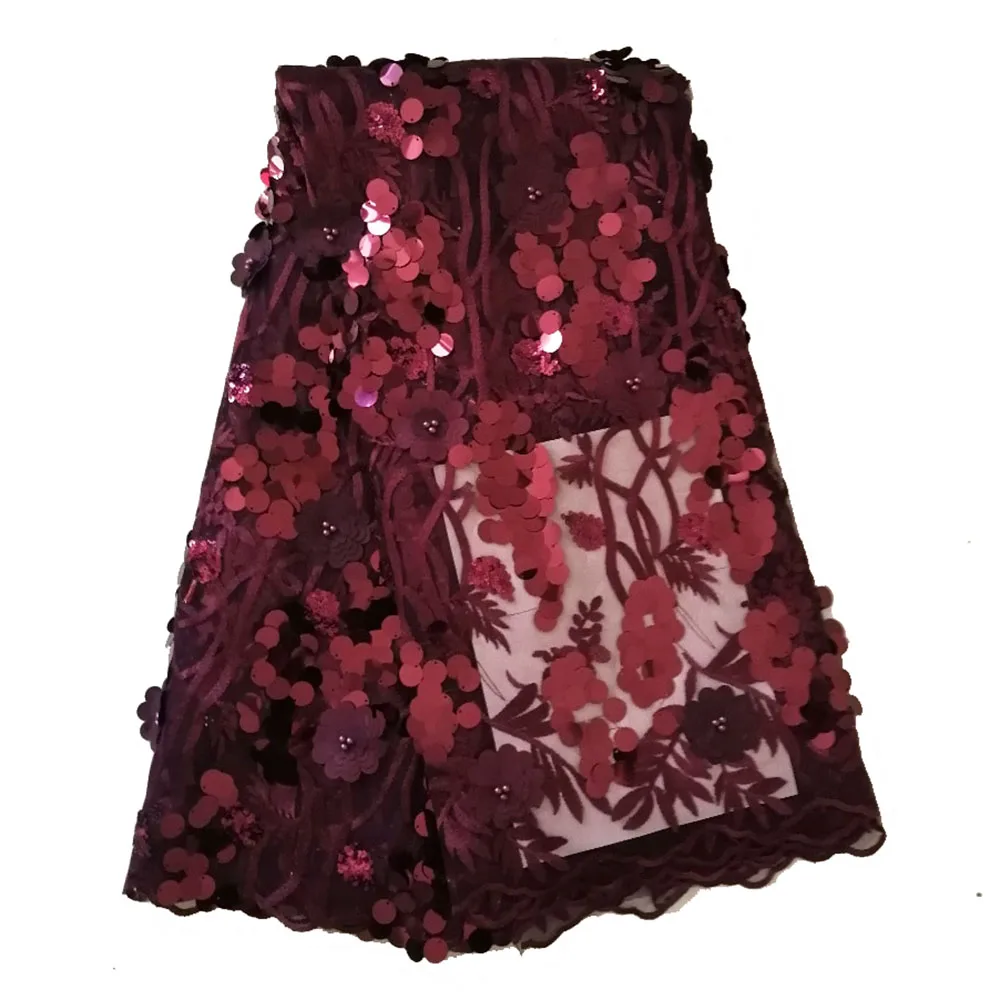 

Burgundy sequence lace fabric embroidery high quality 2019 african french net lace fabric with beads sequins 3d lace fabric