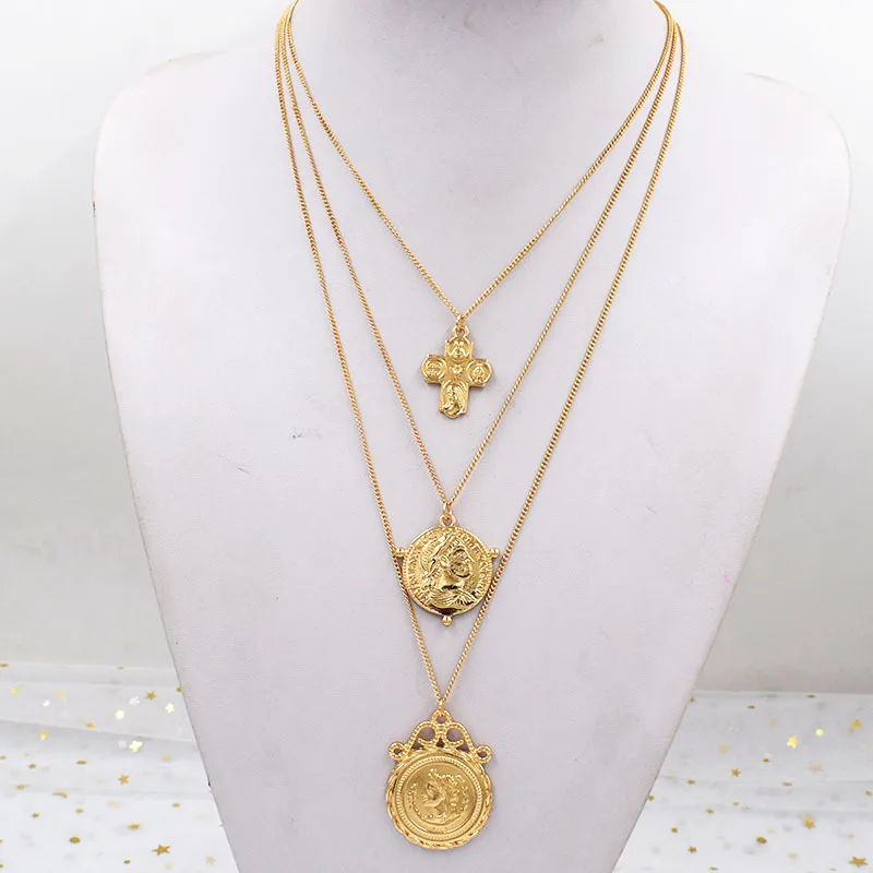 

UJBOX Europe America Roman Coin Necklace Ins Sweater Chain Women Multi-layer Retro Cross Portrait Embossed Gold Coin Necklace