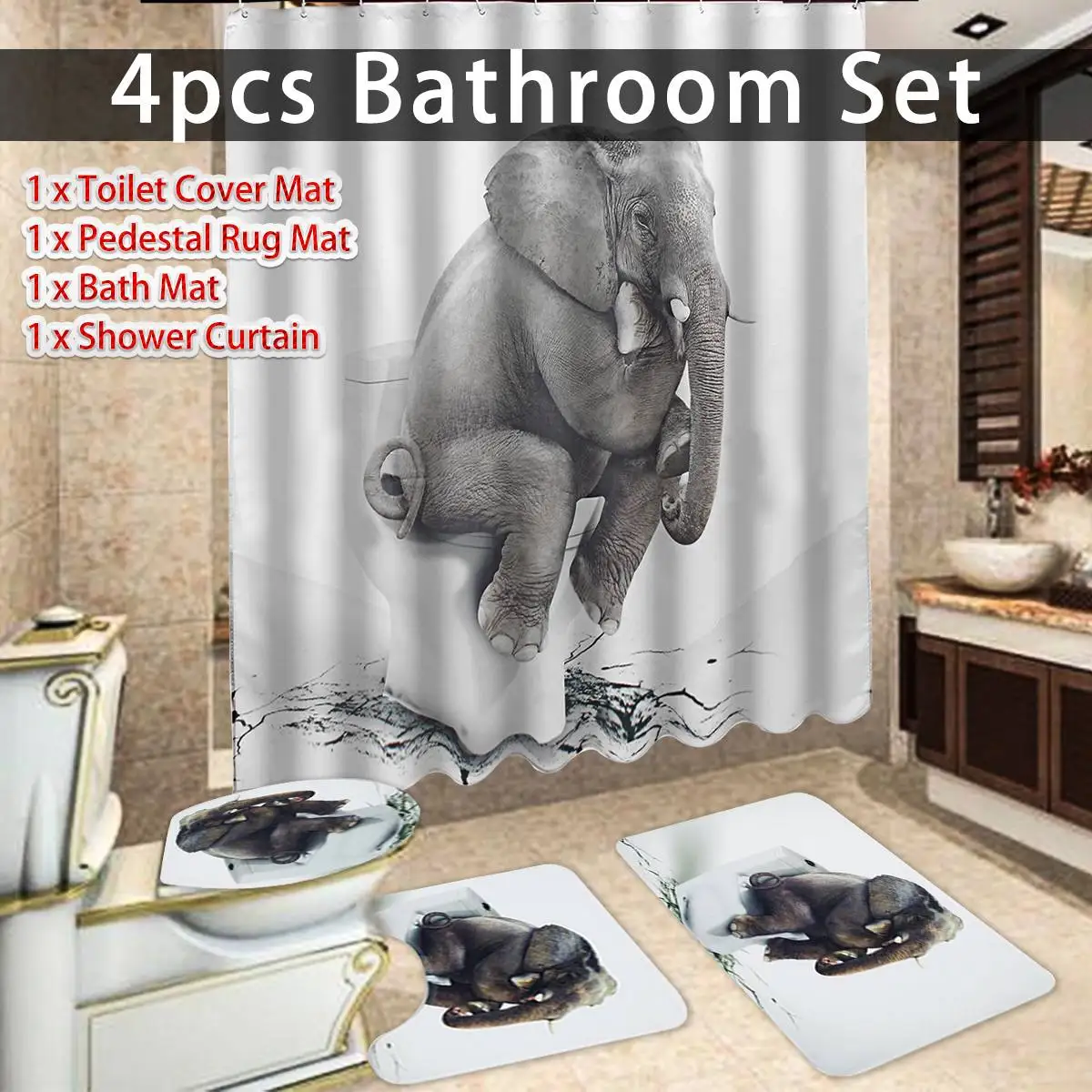 

4Pcs/set Elephant 3D Printed Waterproof Bathroom Shower Curtains Polyester Toilet Seat Cover Set Non-Slip Bath Rug Floor Mat