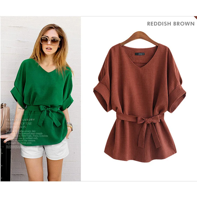 

Women soft cotton Linen Loose Blouse Green Batwing Short Sleeve Tops Office Lady Elegant V-neck Pullover Blusas Belt Plus Size