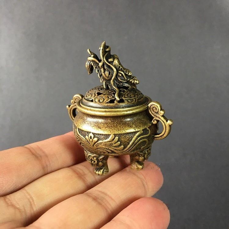 

Collectable Chinese Brass Carved Animal Dragon Pattern Three Foot Incense Burner Censer Exquisite Small Statues